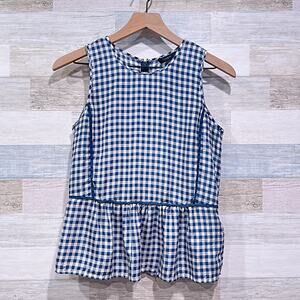 J CREW 100% Silk Gingham Ruffle Hem Peplum Top Blue White Sleeveless Womens 0